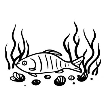 A snapper fish resting on the ocean floor, surrounded by various seashells of different shapes and sizes scattered around it. The fish has distinctive body markings and fins spread gently as it lies among the shells. Some shells are partially buried in the sand, while others are positioned upright. Soft, flowing seaweed sways gently in the water above, creating a sense of depth in the underwater scene.