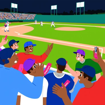 A crowd of excited baseball fans cheering and celebrating at the edge of the field. The fans are wearing various team jerseys and hats, displaying vibrant colors like blue, red, and green. Some fans are holding foam fingers and banners with slogans. Their faces are animated with joy, and a few are high-fiving each other. In the background, the baseball field is visible, with players in uniforms nearby. Bright stadium lights illuminate the scene, enhancing the festive atmosphere.