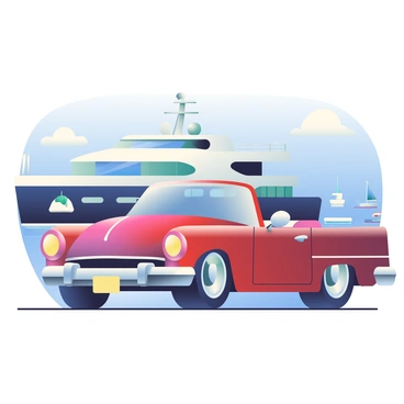 An elegant classic car with a glossy deep red finish is parked at a marina. The car has sleek lines and chrome details, showcasing its vintage style. Beside it, a luxury yacht with a white hull and dark blue accents is moored in the water. The yacht features multiple decks and large windows, reflecting the sunlight. In the background, several boats are bobbing gently in the water, and a clear blue sky stretches overhead, dotted with a few fluffy white clouds. The scene captures an atmosphere of affluence and leisure.