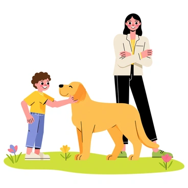 A child with curly brown hair is gently petting a golden retriever dog. The dog has a friendly expression, eyes closed in contentment, and its tail wagging happily. Beside them, the owner, a woman with long dark hair, is standing with her arms crossed and a warm smile on her face, watching the interaction. The setting is a grassy park with a few colorful flowers scattered around, and a clear blue sky overhead.