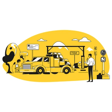 A large truck filled with several cars is driving towards an international border checkpoint. The truck is painted in black and yellow, showcasing its strong presence on the road. At the checkpoint, a border guard stands next to a booth, inspecting documentation. In the background, there are barriers and signs indicating the border crossing. The scene captures the moment as the truck approaches the barrier, with a clear sky above and a distant view of mountains on the horizon.