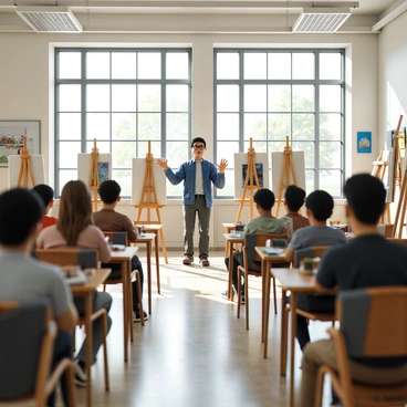 A bright art classroom filled with natural light streaming through large windows. The walls are adorned with colorful paintings and student artworks. Several students are positioned around the room, each focused on their own easels, sketching with charcoal and pencils. A male professor stands at the front, wearing a blue button-up shirt and glasses, gesturing animatedly as he gives a lecture. A few students are listening attentively while others are immersed in their work. The atmosphere is vibrant and creative, with art supplies scattered on the tables.