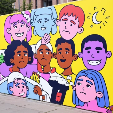 A vibrant street mural featuring a series of human faces, each displaying a different facial expression. The faces represent individuals from diverse cultures, showcasing emotions such as happiness, surprise, anger, and sadness. The mural is painted in bright colors, with each face surrounded by simple decorative elements that enhance the expressions. The background of the mural is a solid color to make the faces stand out prominently.