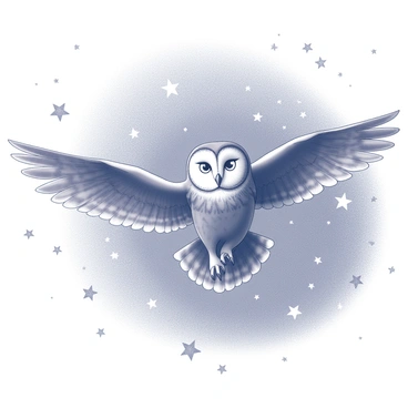 An owl with outstretched wings is gliding through a night sky filled with numerous stars. The owl's feathers are detailed, showcasing its unique texture and patterns. Scattered throughout the sky are stars that are arranged in various constellations, each one twinkling brightly. The overall scene captures the serene essence of a peaceful nocturnal environment, emphasizing the dynamic motion of the owl as it navigates through the celestial formations.