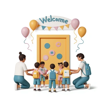 A colorful daycare entrance featuring a bright yellow door adorned with playful stickers. Children are gathered in front, some wearing vibrant jackets and backpacks, while others are smiling and holding hands with each other. Staff members, wearing matching t-shirts and name badges, are kneeling down with welcoming smiles, extending their arms to greet the children. A large sign above the entrance reads "Welcome!", surrounded by balloons and streamers, creating a festive atmosphere. The scene captures the excitement and joy of the children as they enter the daycare.
