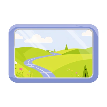 A train window with a rectangular shape, featuring metal frames and a slightly reflective surface. The scene outside the window displays a vibrant countryside landscape with rolling green hills and patches of colorful wildflowers. A clear blue sky with fluffy white clouds stretches above the hills. In the distance, a small cluster of trees stands alongside a winding river that reflects the sunlight. The train tracks can be seen curving away into the horizon, emphasizing the motion of the train.