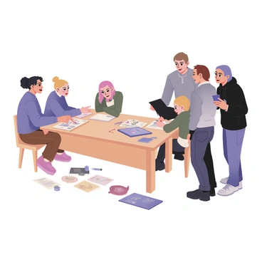 A group of four illustrators is gathered around a large wooden table. Two women are seated at the table, while two men stand nearby, all engrossed in discussion. One woman has curly black hair and wears a blue sweater with brown pants, her notebook filled with colorful sketches in front of her. The other woman has straight blond hair tied in a bun and is wearing a green shirt with dark jeans, pointing at her sketch. One man has short brown hair and is dressed in a gray t-shirt and denim shorts, looking over the woman's shoulder at her work. The other man has long hair and is wearing a black hoodie with cargo pants, holding a tablet showing his digital illustrations. Scattered around the table are art supplies like markers, pencils, and paper, creating a vibrant atmosphere filled with creativity.