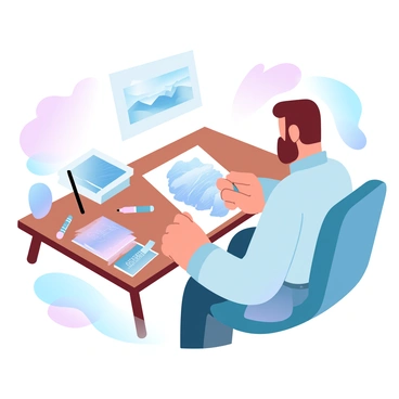 An artist is seated at a wooden table, focused on sketching a detailed illustration of a sedimentary rock formation. The artist is holding a pencil and has various drawing tools scattered around, including erasers and colored pencils. The rock formation is depicted with layers of different colors, showcasing the stratification typical of sedimentary rocks. On the table, there are also reference materials, such as geological books and photographs of rock formations. A soft light source illuminates the scene, enhancing the textures of both the sketch and the rocks.