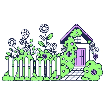 A quaint cottage garden full of flowers in bloom is situated beside a picket fence. The garden features various types of flowers, including tall sunflowers reaching towards the sky, clusters of daisies with white petals, and vibrant roses in different shades. In front of the flowers, the white picket fence stands, with sections of it slightly weathered, enhancing the charm of the scene. A narrow cobblestone path winds through the garden, leading up to the cottage, which is partially obscured by climbing vines and colorful blossoms.