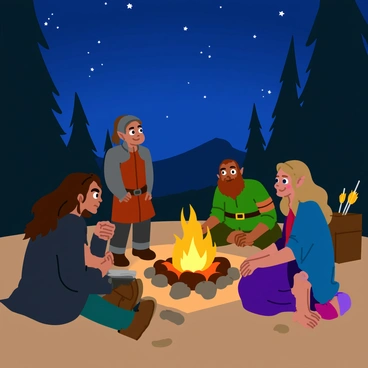 "Aragorn sitting by a flickering campfire at night, his rugged features illuminated by the warm glow. He wears a dark cloak and has a sword resting beside him. Surrounding him are three fellow adventurers: a tall elf with long flowing hair, a stout dwarf with a braided beard, and a spirited human woman with a quiver of arrows at her back. The campfire crackles as flames dance, casting shadows on their faces. The night sky above is filled with twinkling stars, and the silhouettes of tall trees outline the scene."