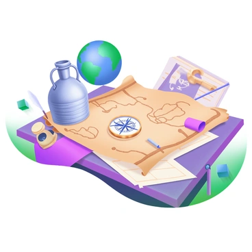 A modern pastel illustration of an adventurous explorer's desk. On the desk, there is a metal flask with a textured surface, positioned beside an old, worn treasure map that is partially unfurled, revealing intricate markings. A brass compass sits prominently next to the map, its needle pointing north. Surrounding these items are scattered papers, a quill, and an ink pot, adding to the sense of preparation for a journey. The background features a globe and a vintage book, hinting at a world filled with exploration.