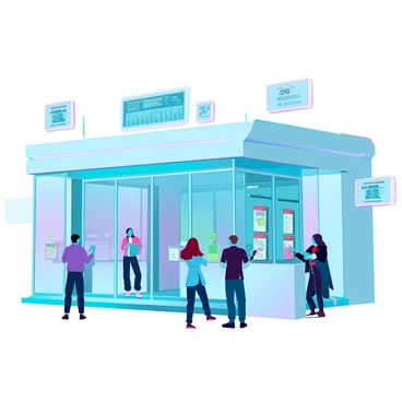 A futuristic digital bank with a sleek, metallic exterior and large glass windows. Holographic ATMs are scattered throughout the space, projecting bright, colorful interfaces above their surfaces. Customers with diverse appearances are interacting with virtual assistants that are represented as floating, semi-transparent figures. The interior is well-lit, showcasing clean lines and minimalist design. Digital information displays float in the air, providing real-time updates. Some customers are seen making transactions, while others are engaging with the virtual assistants for assistance.