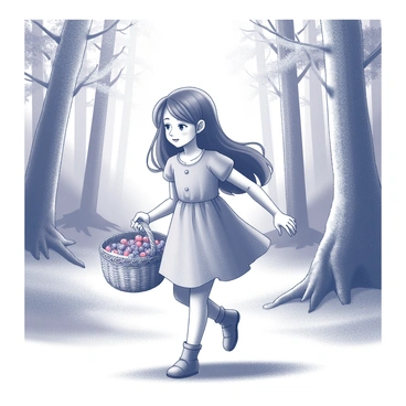 A young girl with long, flowing hair is walking through a forest. She is wearing a simple dress and has a woven basket in her arms. The basket is filled with an assortment of wild berries, visible in various sizes and shapes. The forest is dense with trees, and sunlight filters through the leaves, creating dappled light on the ground. The girl has a focused expression, as if she is searching for more berries along her path.