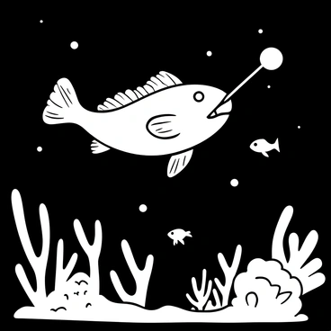 An anglerfish swimming in a dark underwater environment, showcasing its unique shape and features. The bioluminescent lure protruding from its head is illuminated, casting a soft light around it. The fish has sharp teeth visible, emphasizing its predatory nature. Surrounding the anglerfish are other marine elements like coral and small fish, providing context to its habitat. The overall composition is arranged to reflect a scientific illustration format.