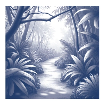 A narrow dirt trail meanders through a dense tropical forest. Lush greenery surrounds the path, with thick vines and large leaves arching overhead, creating a natural canopy. The trail is flanked by various tropical plants, including ferns and shrubs, which are densely packed and vividly textured. Sunlight filters through the foliage, casting intricate shadows on the ground. The atmosphere is filled with the sounds of rustling leaves and distant wildlife, enhancing the sense of being immersed in a vibrant ecosystem.