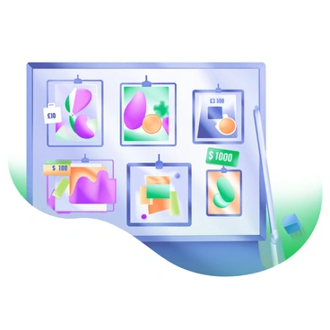 A modern pastel illustration of a gallery wall showcasing various framed illustrations. Each frame contains different artworks with colorful and creative designs. Attached to each frame are unique price tags displaying various artistic prices, with each tag featuring different shapes and colors. The gallery has soft lighting, which highlights the details of the frames and the illustrations, creating a visually engaging display.
