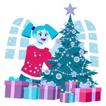 A cheerful anime character with bright blue hair styled in two pigtails is decorating a Christmas tree. The character has large, expressive eyes and is wearing a festive red sweater with white snowflakes. They are placing a shiny star on top of the tree, which is adorned with colorful ornaments and garlands. Surrounding the tree are numerous wrapped presents of varying sizes and designs, with vivid ribbons and bows. Twinkling fairy lights drape elegantly from the branches, casting a warm glow over the scene. The background features snowy windowpanes, enhancing the holiday atmosphere.