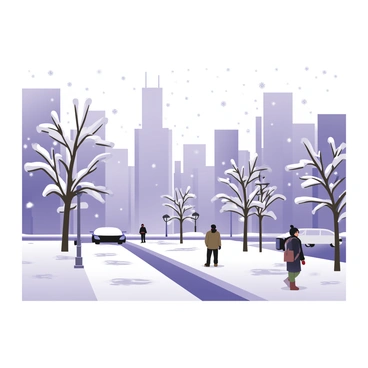 A digital flat illustration depicting a winter scene in Chicago. The foreground features streets blanketed in fresh white snow. Several trees line the streets, their branches heavy with snow. In the background, there are iconic Chicago skyscrapers partially obscured by falling snowflakes, creating a soft white haze around them. People dressed in winter clothing are walking along the sidewalks, leaving footprints in the snow. A few parked cars are visible, their roofs also covered in snow. The sky is gray with subtle hints of blue, indicating a cold winter day.