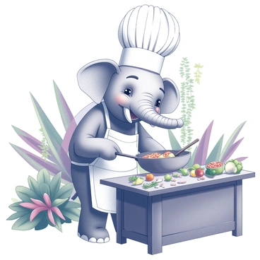 An elephant stands in a jungle kitchen, wearing a white chef's hat and a matching apron. The kitchen is surrounded by lush greenery, with vibrant tropical plants and dangling vines in the background. The elephant is holding a large frying pan with one of its front feet, while its other foot stirs the contents with a wooden spatula. Various gourmet ingredients are neatly arranged on a rustic wooden table nearby, consisting of colorful vegetables and spices. The scene is bustling with activity, showcasing the elephant’s focus as it prepares a meal in this unique, open-air setting.