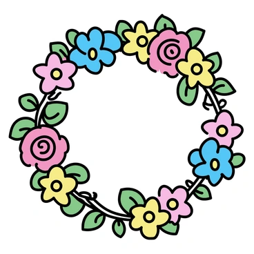 A circular wreath is composed of an assortment of colorful flowers, including red roses, yellow daisies, and blue hydrangeas. The flowers are interspersed among lush green leaves, creating a vibrant contrast. The wreath has a neat and symmetrical arrangement, with flowers evenly distributed around the circular shape. The overall design showcases the natural beauty of each flower and leaf, highlighting their distinct textures and colors.