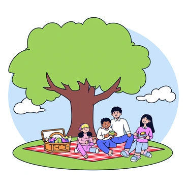 A large oak tree with a thick trunk and expansive green leaves provides shade. Underneath the tree, a red and white checkered blanket is spread out on the grass. On the blanket, a wicker picnic basket sits open, revealing an assortment of fruits and sandwiches. A family of four, consisting of two adults and two children, is sitting on the blanket. The adults are smiling while the children are playing with a colorful frisbee. Nearby, a bright blue sky is visible, with a few fluffy white clouds scattered.