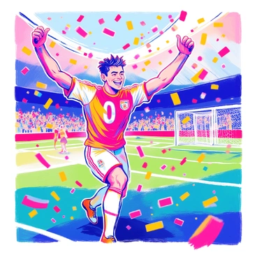 A soccer player with a strong build and short, dark hair is celebrating a goal on the field. He is wearing a vibrant red and white jersey, with a number displayed prominently on the back. His arms are raised triumphantly in the air, and he has a wide smile on his face. Colorful confetti is showering down around him, creating a festive atmosphere. In the background, there are pop art iconography elements, such as comic-style speech bubbles and bright geometric shapes, adding to the excitement of the scene. The soccer field is green, with goalposts visible in the distance.