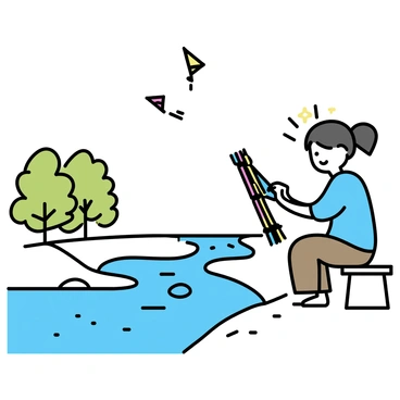 An artisan, wearing a light blue shirt and brown pants, is intricately weaving a kite frame using vibrant materials, such as red, yellow, and green strings. The artisan is seated on a wooden stool, focused intently on their craft. Beside them, a clear, running river flows gently, lined with smooth stones. Sunlight reflects off the water, creating a sparkling effect. In the background, lush green trees provide shade, and a few colorful kites can be seen flying in the sky above.