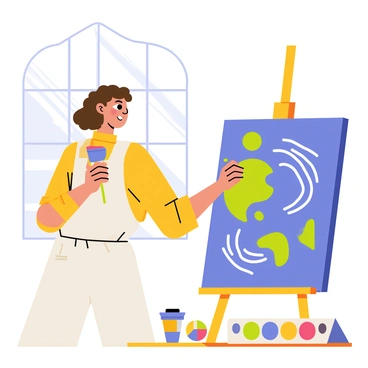 An artist with curly brown hair wearing a white apron is standing in front of an easel. The canvas displays a vibrant depiction of "Earth," featuring swirling blue oceans and green landmasses. The artist is holding a paintbrush, applying bright colors to the canvas, while a palette filled with various hues rests on the table beside them. Sunlight streams through the window, illuminating the scene and casting colorful reflections around the artist.