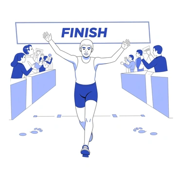 A determined runner is crossing the finish line during a marathon. The runner has a focused expression, with sweat glistening on their forehead. They are wearing a fitted athletic outfit and running shoes. As they approach the finish line, their arms are raised in celebration. In the background, crowds of spectators are cheering, with some holding up signs to show their support. A banner with "Finish" is prominently displayed above the runner. The ground is marked with footprints where other runners have passed.