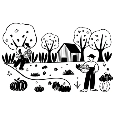 A farm scene during autumn with farmers gathering various crops in the fields. One farmer carries a basket filled with pumpkins, while another farmer is collecting apples from the trees. The landscape features trees with leaves that are falling, creating a blanket of leaves on the ground. There are rows of corn ready for harvest, and a rustic wooden barn is visible in the background, surrounded by the scattered crops. The ground shows signs of recent tilling, enhancing the agricultural feel of the scene.