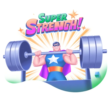 A vintage superhero poster featuring a strong hero in a colorful costume performing a mighty bench press. The hero has a muscular physique, wearing a bold blue and red outfit with a white emblem on the chest. The bench press bar is heavily loaded with shiny weights, emphasizing the hero's strength. In the background, there are comic-style action lines radiating outward, creating a sense of excitement. The title "Super Strength" is displayed prominently at the top in vintage typography, surrounded by stars and bursts.