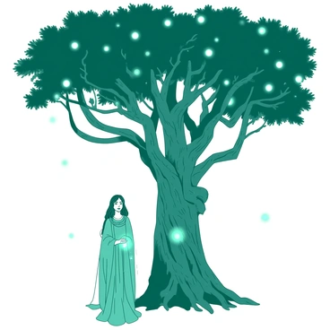 A teal Galadriel stands gracefully beneath the expansive branches of the Tree of Life, which is adorned with intricate patterns and details. The Tree's trunk is sturdy and textured, while its leaves form a vibrant canopy overhead. Surrounding Galadriel, there are numerous luminous orbs, each glowing brightly in a soft white light. The orbs float gently in the air, casting a warm glow on Galadriel's ethereal features and flowing garments. The scene emanates a sense of wonder and tranquility, emphasizing the connection between the character and the mystical tree.