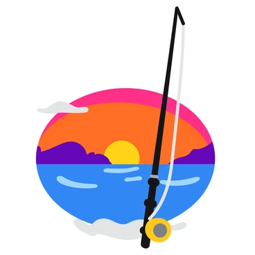A fishing rod with a baited line is positioned vertically, casting a shadow against the background. The sunset features vibrant hues of orange, pink, and purple, showcasing a spectacular gradient across the sky. The ocean reflects the colors of the sunset, with gentle ripples creating a shimmering effect on the water's surface. The silhouette of the fishing rod stands out prominently, with the line stretching outward into the scene. Small waves can be seen lapping at the shore in the distance, adding to the tranquil setting.