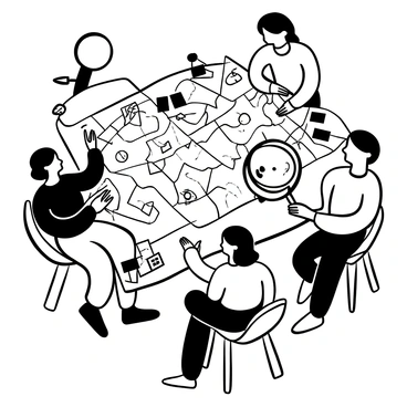 A family gathered around a large table, working together on a detailed map. The map features intricate lines and symbols representing their ancestry and origins. They are using various tools, such as pencils, pens, and markers, to add details. Alongside the map, there are stacks of photographs and documents displaying their family history. Lively discussions are taking place as they point to different areas on the map, indicating connections. A globe sits on the table, adding a geographical context to their exploration. One of the family members is holding a magnifying glass, examining a specific region on the map.