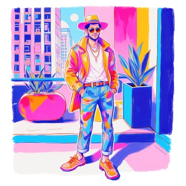 A man is standing confidently in front of a modern urban backdrop featuring geometric patterns and bold colors. He is wearing an eye-catching outfit that includes a brightly patterned jacket, fitted trousers, and stylish shoes. His accessories include a wide-brimmed hat and oversized sunglasses. His posture is relaxed yet assertive, with one hand on his hip and a slight smile on his face, showcasing his unique fashion flair. The background complements his style with its vibrant hues and contemporary design elements.