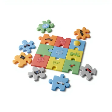 A collection of colorful puzzle pieces scattered across a flat surface. Each piece has a different texture and design, representing distinct types of expenses. One piece features an image of a house, symbolizing housing costs, while another piece displays a shopping cart, indicating grocery expenses. A third piece has a dollar sign, representing financial obligations, and another piece has a car icon, symbolizing transportation costs. The puzzle pieces are interlocked in some areas, suggesting the interconnected nature of budgeting. The overall arrangement is vibrant and visually engaging.