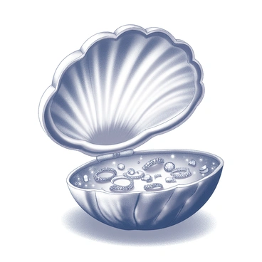An ornate jewelry box shaped like a clam shell. The clam shell is intricately detailed, featuring swirling patterns and textures that mimic the natural lines of a real shell. The box is opened wide, displaying a variety of treasures inside. There are several pieces of elaborate jewelry, including necklaces, rings, and earrings, each meticulously crafted with fine details. The light reflects off the jewels, creating highlights and shadows within the shell. The jewelry box is positioned on a soft, textured surface, emphasizing its beauty and the allure of the treasures within.