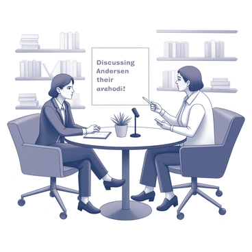 A well-lit interview setting featuring a round table at the center. There are two chairs on opposite sides of the table. On one side sits a person, the 2022 Hans Christian Andersen Award winner, dressed in professional attire, engaged in conversation. The other side is occupied by an interviewer holding a notepad and a pen, actively listening. Behind them, shelves filled with books and literary decorations create a scholarly atmosphere. A small potted plant sits on the table, adding a touch of greenery to the scene. A microphone is positioned on the table, capturing the dialogue. "Discussing their work" is a prominent phrase displayed in the scene.