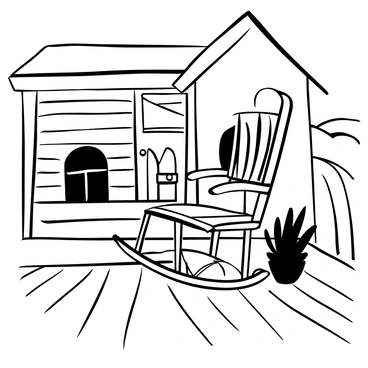 A rustic rocking chair placed on a wooden porch of a country farmhouse, with weathered wooden planks forming the floor. The chair features a slightly worn appearance, showing signs of age. Behind the chair, the farmhouse is visible with a gabled roof and a small window framed by wooden shutters. A potted plant sits beside the chair, adding to the country charm of the setting. In the background, rolling hills can be seen in the distance, enhancing the rural atmosphere.