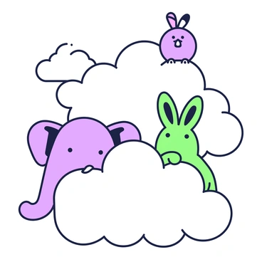 A sky filled with fluffy clouds, each shape varying in size and form. Among these clouds, whimsical animal characters are peeking out. A small purple elephant with big ears is hiding behind a large cloud, its trunk extended playfully. Next to it, a green rabbit with oversized floppy ears is sitting on the edge of another cloud, looking curiously downwards. Above, a purple bird with a round body is perched on a cloud, flapping its wings. In the background, more clouds create a soft, fluffy texture, enhancing the scene.