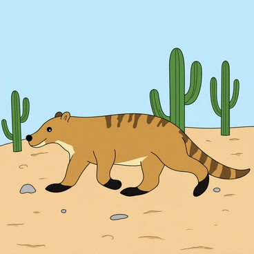 A medium-sized anteater with a long snout and distinctive fur patterns is trekking across a dusty desert landscape. The ground is dry and cracked, with patches of brown and beige soil. In the background, several tall green cacti with elongated arms stand against the clear blue sky. The anteater's claws are visible as it moves gracefully over the ground. A few scattered pebbles and small stones add texture to the barren environment around it.