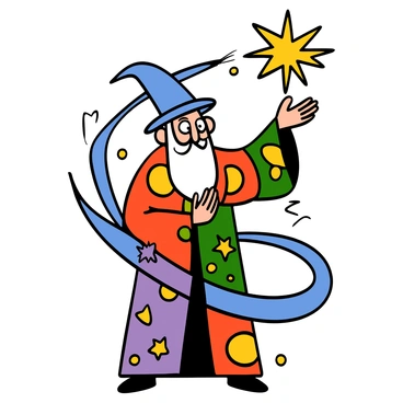 A tall wizard with light skin and a long white beard is standing in a dynamic pose, casting a spell. He is wearing a colorful robe adorned with intricate patterns of stars and moons. Sparks in various bright colors are flying around him as he raises one hand, channeling magical energy. His piercing blue eyes are focused, and he has a pointed hat that matches the colors of his robe. The background features a swirling mist that adds an air of enchantment to the scene.
