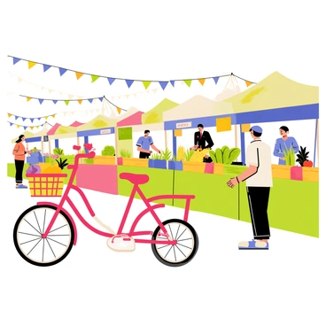 A red tricycle parked to the side at a vibrant farmer's market. The tricycle has a basket at the front filled with colorful fruits like apples and oranges. Stalls of fresh produce line the market, showcasing bright green lettuce, yellow corn, and various vegetables. Customers can be seen browsing among the stalls, interacting with friendly vendors. Colorful banners and signs are strung across the market, adding to the lively atmosphere. Sunlight casts soft shadows over the scene, enhancing the lively colors of the fresh produce.