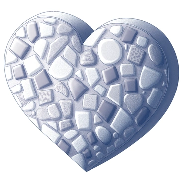 A heart shape created from numerous small mosaic tiles. Each tile displays a different pattern or texture, contributing to the overall design. The heart is intricately detailed, with varying sizes of tiles arranged closely together to form a cohesive shape. The background remains plain, allowing the heart to stand out prominently.