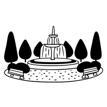 A black-and-white illustration of a fountain in the center of a park. The fountain is elegantly designed, with water cascading from multiple tiers. Surrounding the fountain are carefully arranged bushes, shaped into neat hedges that frame the scene. There are a few stone benches placed nearby for visitors to sit and enjoy the view. The ground is paved with cobblestones, leading up to the fountain.