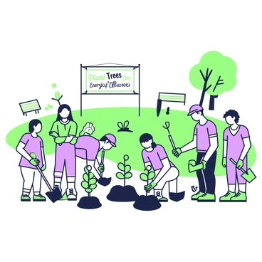 A community group is actively engaged in planting trees in a park. In the foreground, a diverse group of individuals, including men and women of varying ages, are digging holes in the ground with shovels. Each person holds a young sapling in their hands, ready to be planted. Some members are wearing caps and gloves, while others have gardening tools beside them. In the background, a large area of the park is visible, with green grass and a few benches. A "Plant Trees for Energy Efficiency" banner hangs from a nearby tree, clearly displaying the message. The scene is filled with a sense of collaboration and purpose.