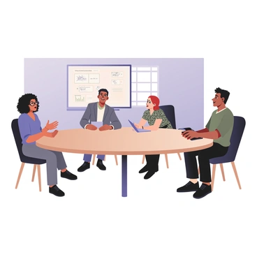 A diverse group of investors is seated around a large, round table in a casual meeting space. There are four individuals: a woman with curly black hair and glasses, wearing a blue blouse, is actively gesturing while speaking. Next to her is a man with light brown skin and short curly hair, dressed in a gray suit and white shirt, listening attentively. Opposite them is a woman with straight red hair tied back, wearing a patterned dress and smiling, taking notes on a tablet. Finally, a man with dark skin and short hair, wearing a casual green shirt, is leaning back in his chair and contributing to the discussion. The walls of the meeting space are painted light gray, and there is a large window allowing natural light to filter in, illuminating the scene. A whiteboard in the background has some handwritten notes and diagrams related to interest rates.