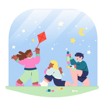 A group of three children is playing on a soft, green grass surface beneath a large glass ceiling. The glass allows a view of a starry sky filled with twinkling stars and a crescent moon. One child, a girl with curly brown hair, is flying a red kite, while another child, a boy with short black hair, is building a small tower with colorful blocks. The third child, a girl with straight blonde hair, is lying on her stomach and drawing with chalk on the grass. The glass ceiling frames the night sky, creating a magical atmosphere around the children as they enjoy their playtime.