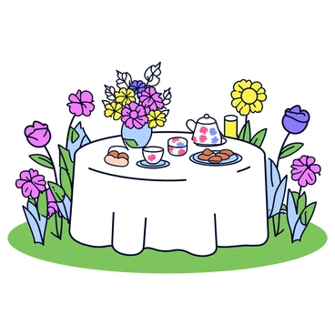 A round table covered with a white lace tablecloth is set up in a garden. On the table, there is a delicate tea set with floral patterns, including a teapot, cups, and saucers. Beside the teapot, there is a plate of assorted pastries and a small vase filled with fresh flowers. Surrounding the table, various blooming flowers in vibrant colors, such as pink, yellow, and purple, create a lively atmosphere. The grass is lush and green, complementing the cheerful setting.