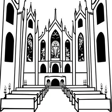 A gothic cathedral illuminated by flickering candles and stained glass